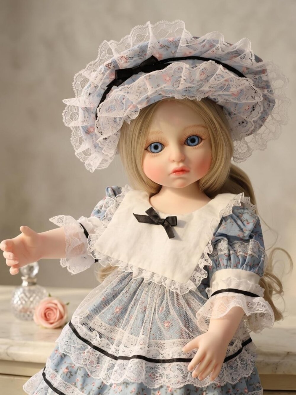 Hand-Painted 16-Inch Collectible Doll with Curls & Victorian Lace Dress